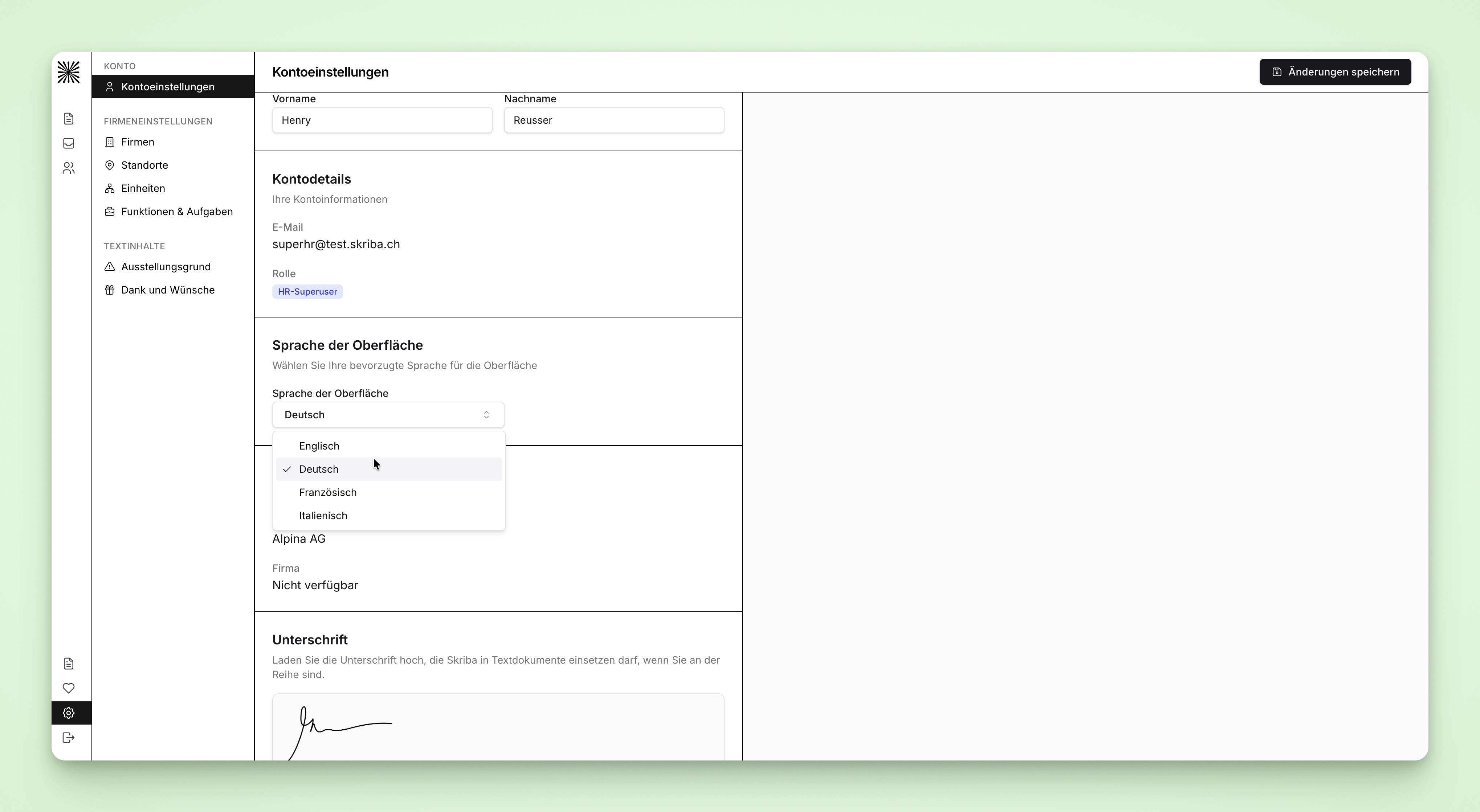 Changing the language in the profile (user interface)